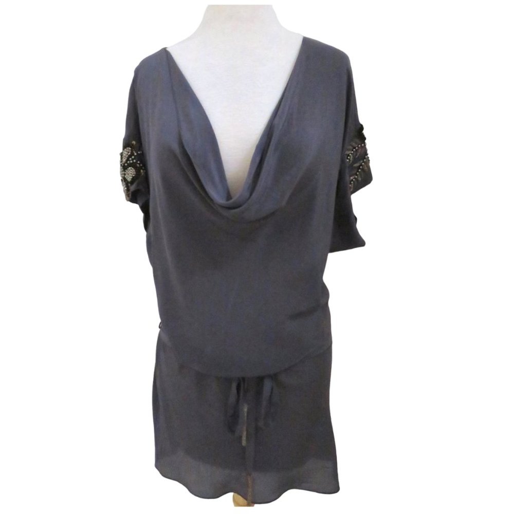 GOLD HAWK Dolman sleeve Silk tunic top Beaded trim